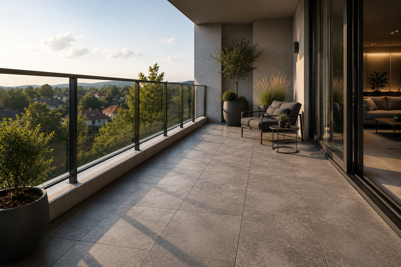 Moderný balkón s exteriérovou dlažbou, preskleným zábradlím a precíznym spracovaním – bauera.sk